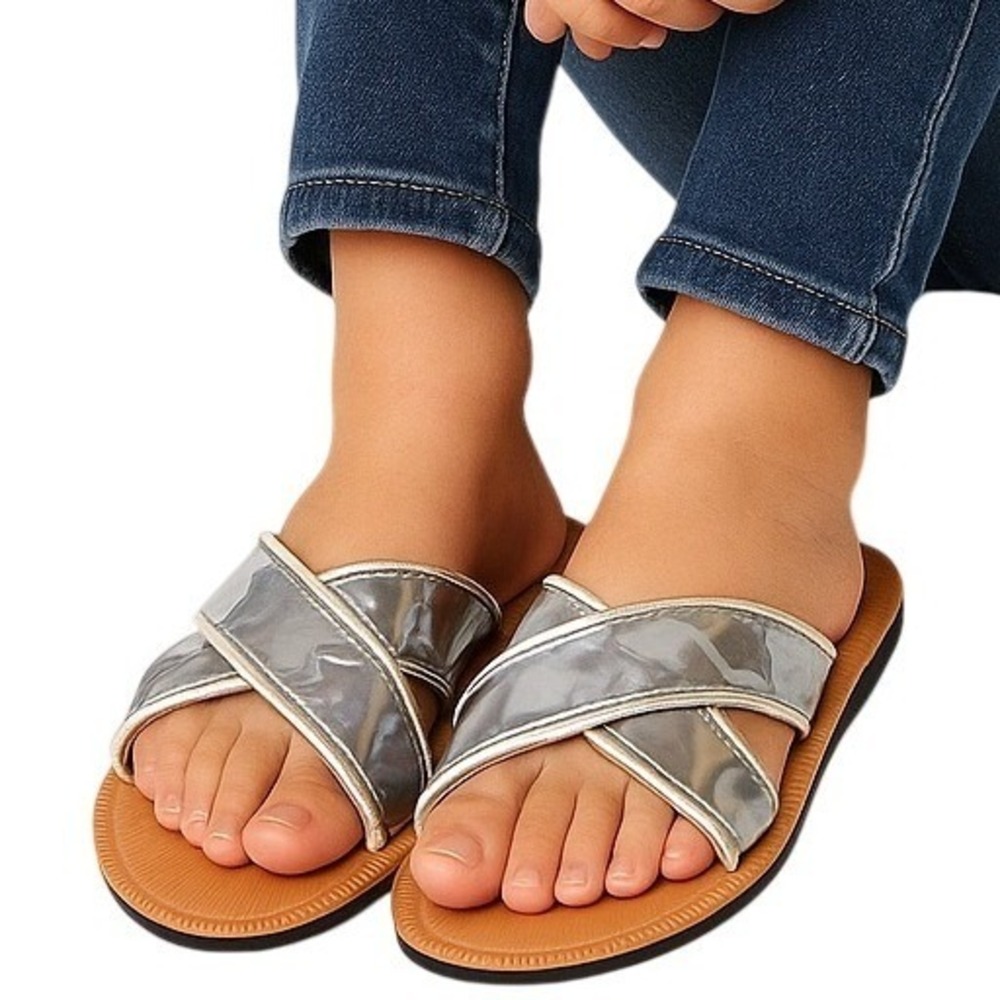 TOMS Girls 6 Silver Metallic Crisscross Slide Sandals Open Toe Slip On Shoes